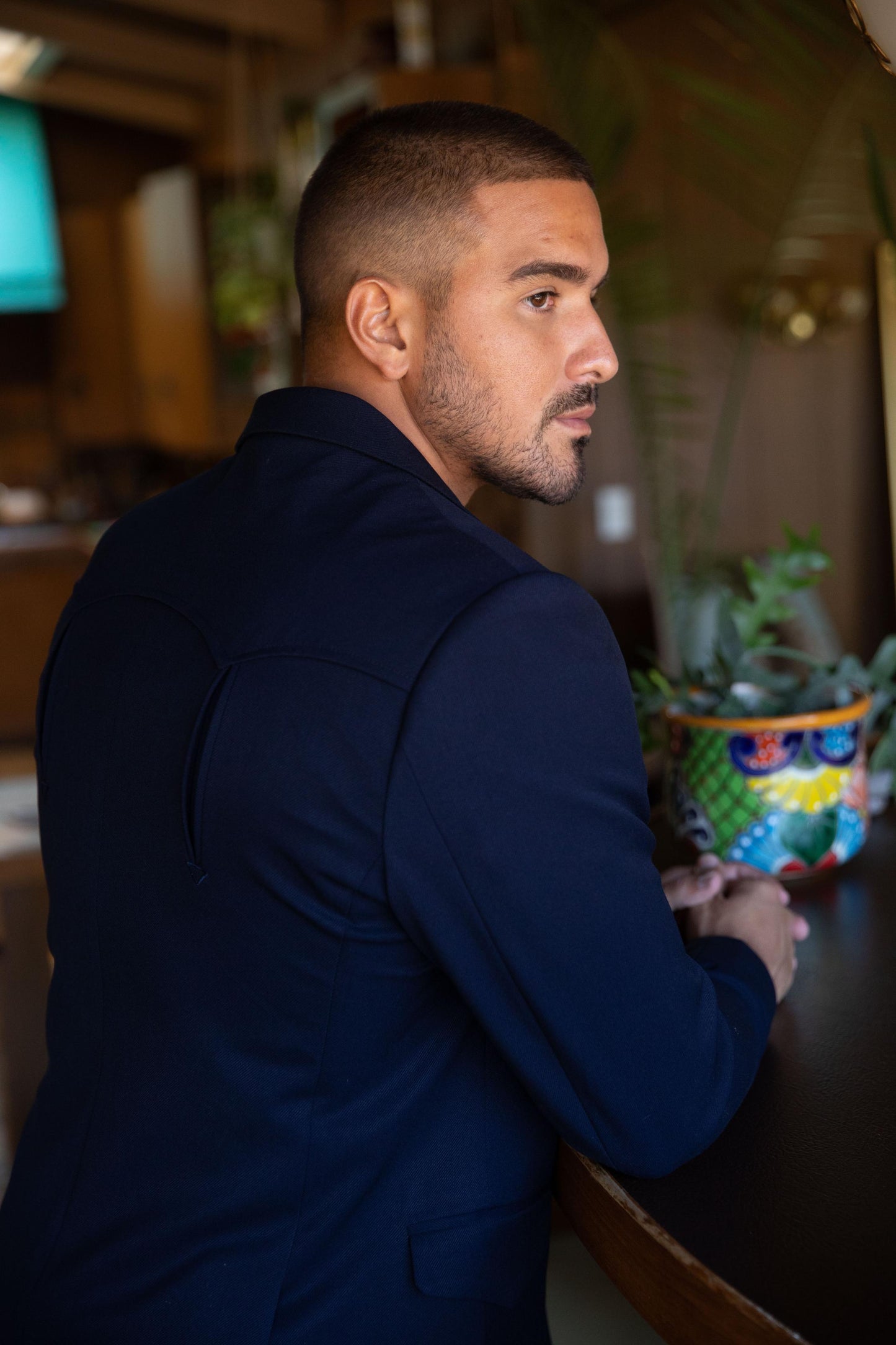 Men's Double Button Western Navy Blazer