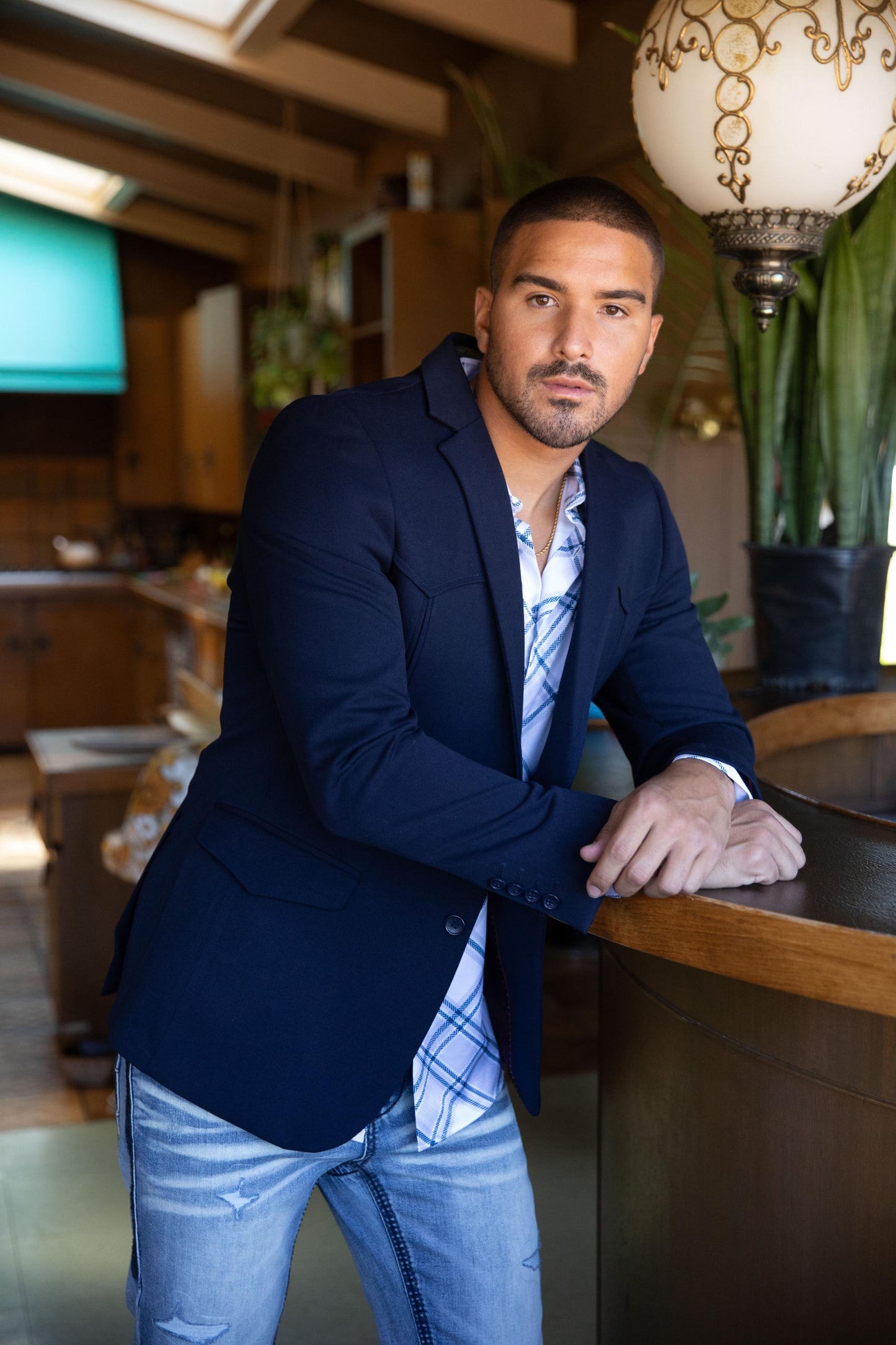 Men's Double Button Western Navy Blazer