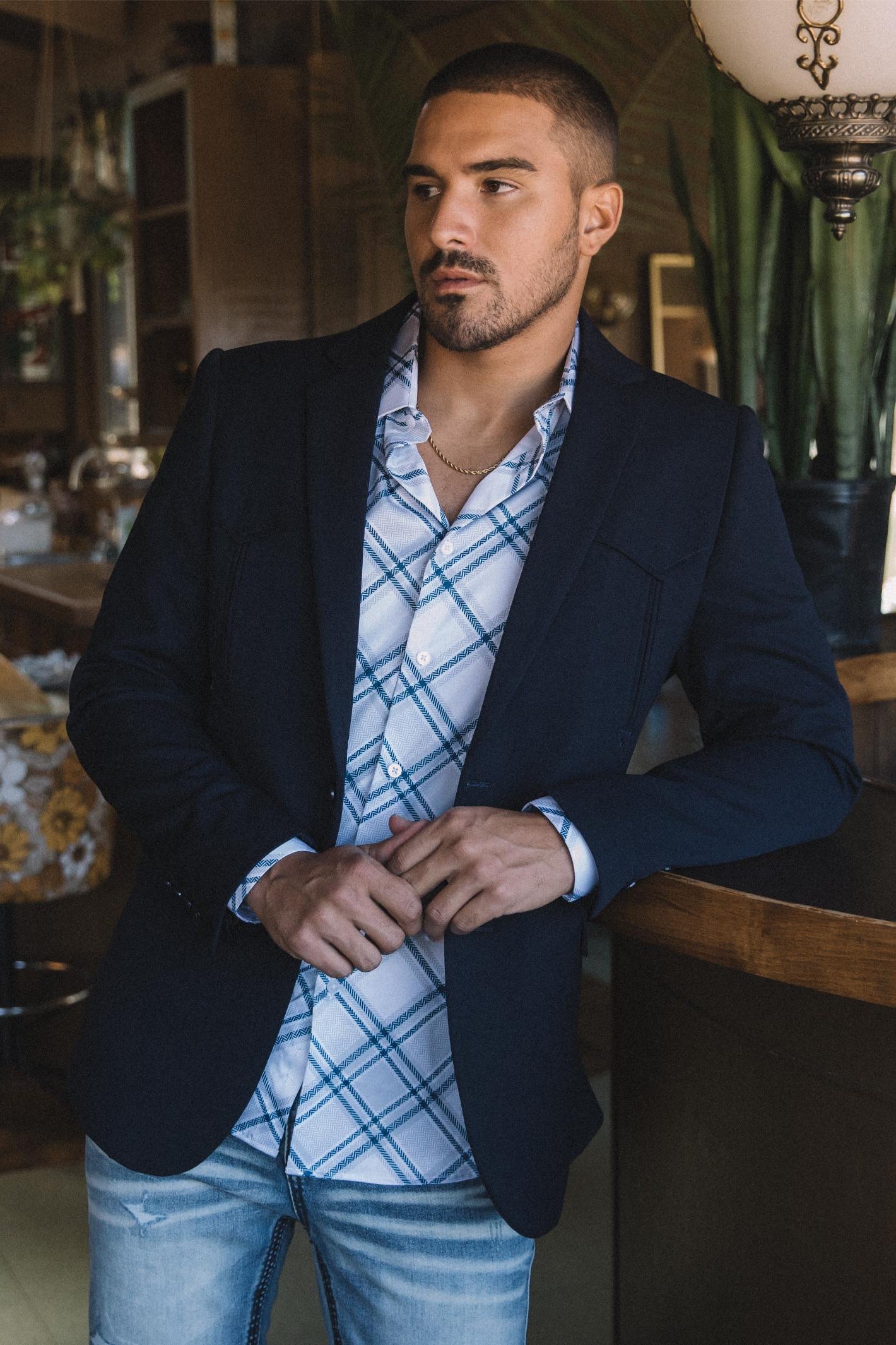 Men's Double Button Western Navy Blazer