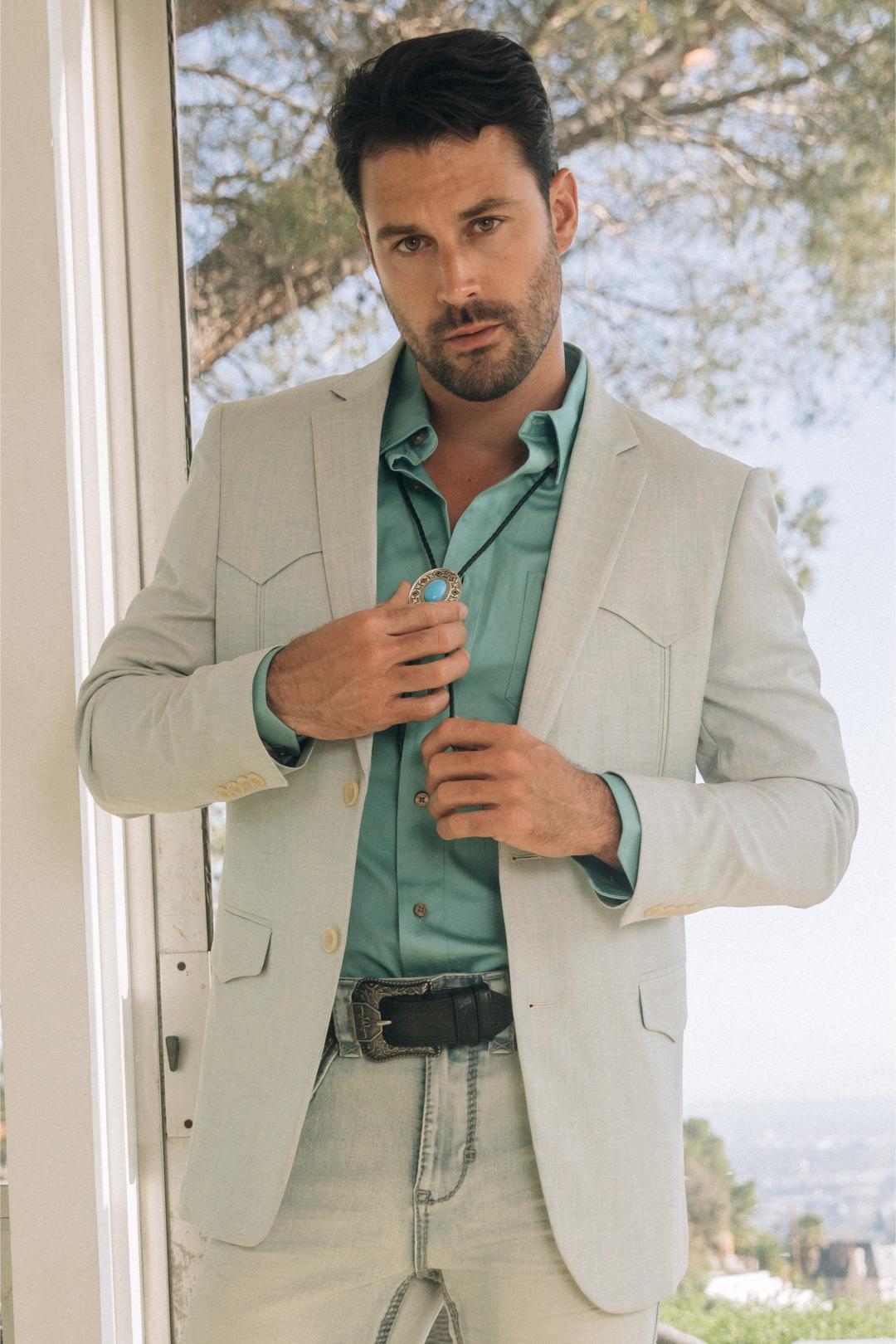 Men's Double Button Western White Blazer