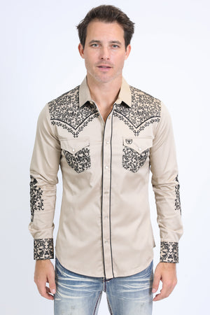 beige tapestry embroidery long sleeve shirt men platini front