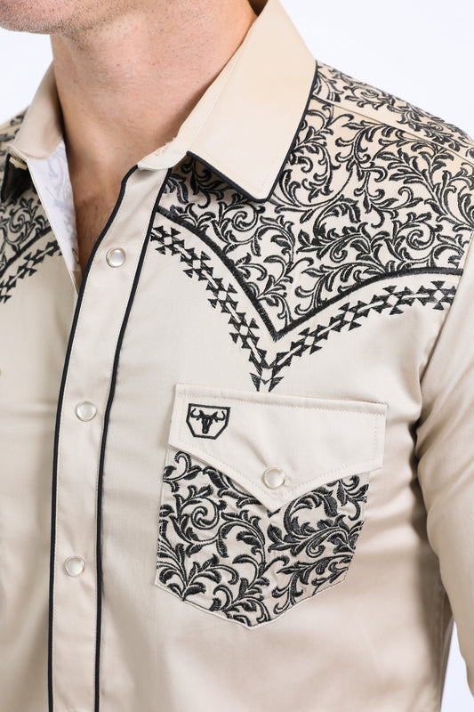 beige tapestry embroidery long sleeve shirt men platini detail