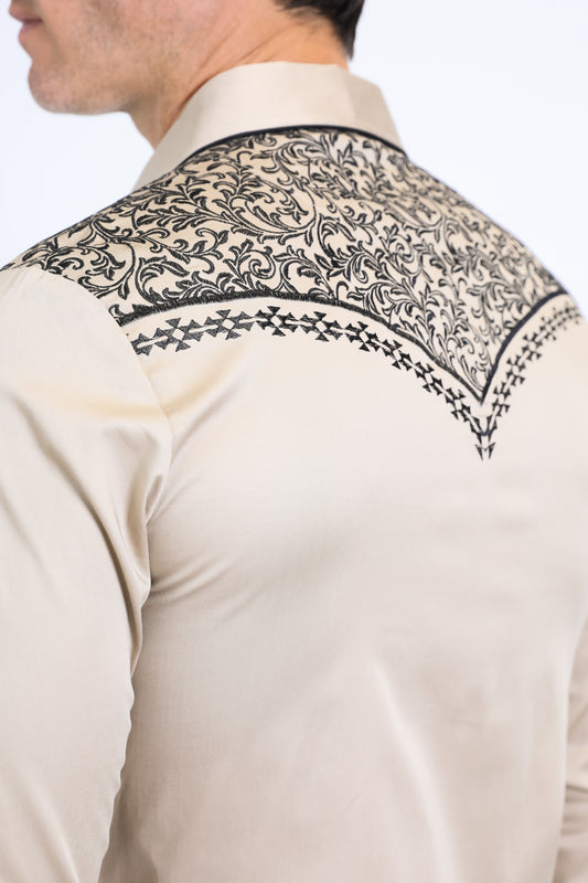 beige tapestry embroidery long sleeve shirt men platini detail-3