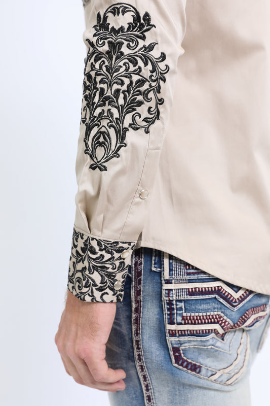 beige tapestry embroidery long sleeve shirt men platini detail-2