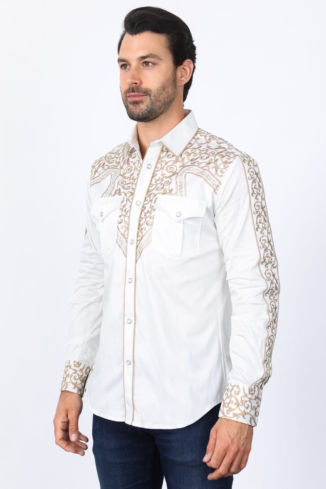 Mens Embroidery Modern Fit Stretch Beige Long Sleeve Shirt
