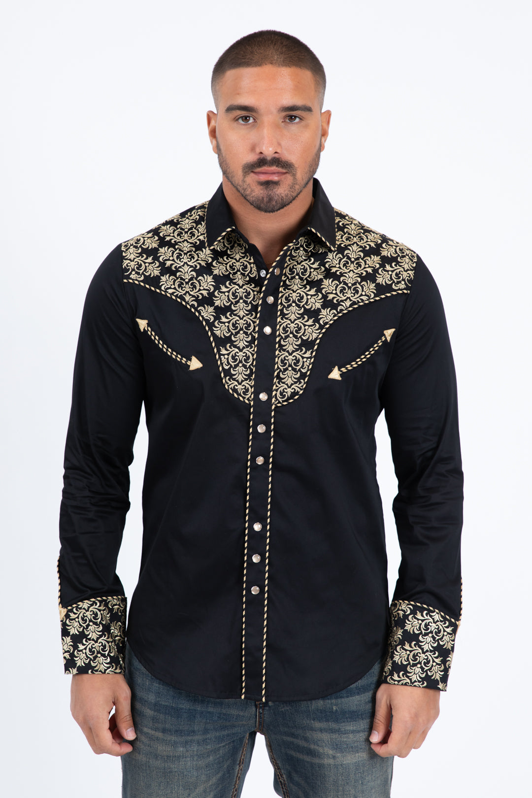 Black Embroidery Modern Fit Stretch Long Sleeve Shirt Men