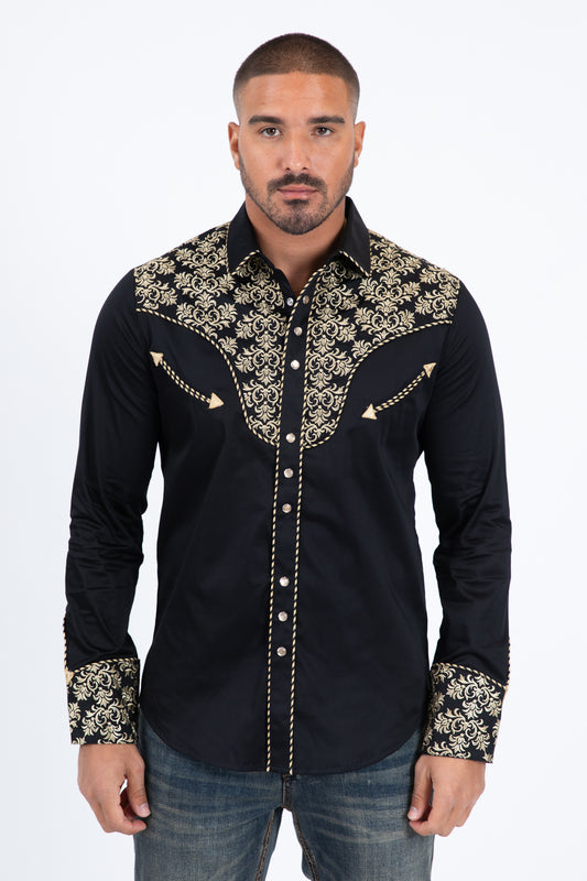 Black Embroidery Modern Fit Stretch Long Sleeve Shirt Men