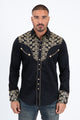 Mens Embroidery Modern Fit Stretch Black/Beige Long Sleeve Shirt