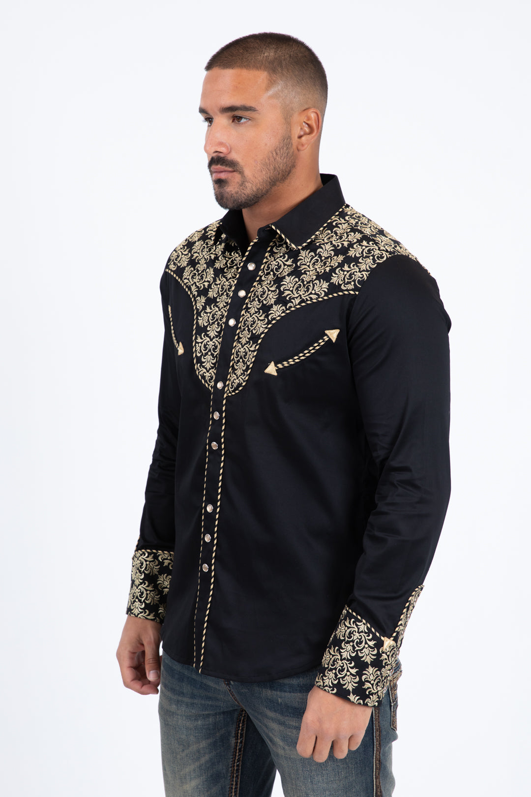 Black Embroidery Modern Fit Stretch Long Sleeve Shirt Men