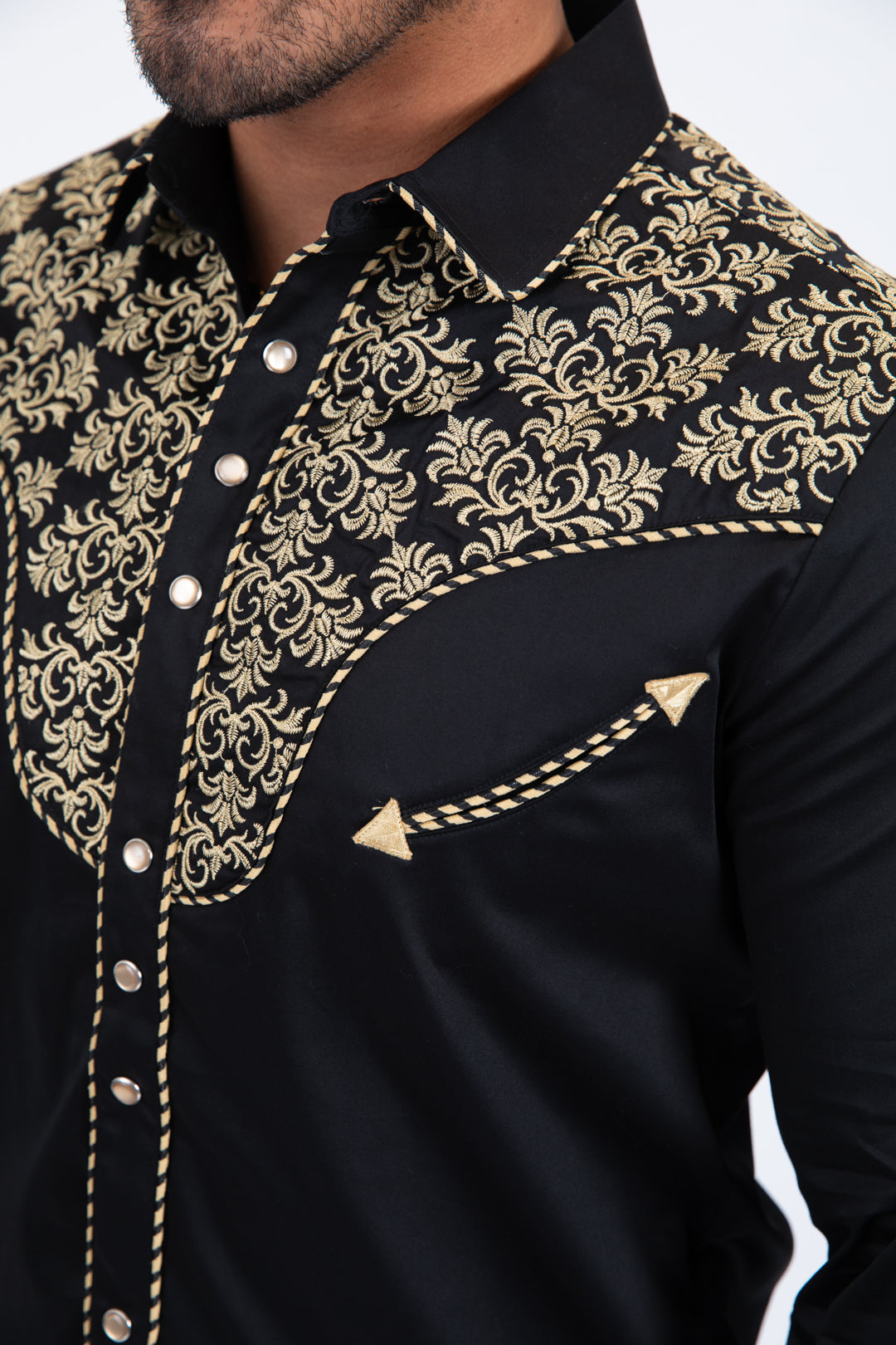 Black Embroidery Modern Fit Stretch Long Sleeve Shirt Men
