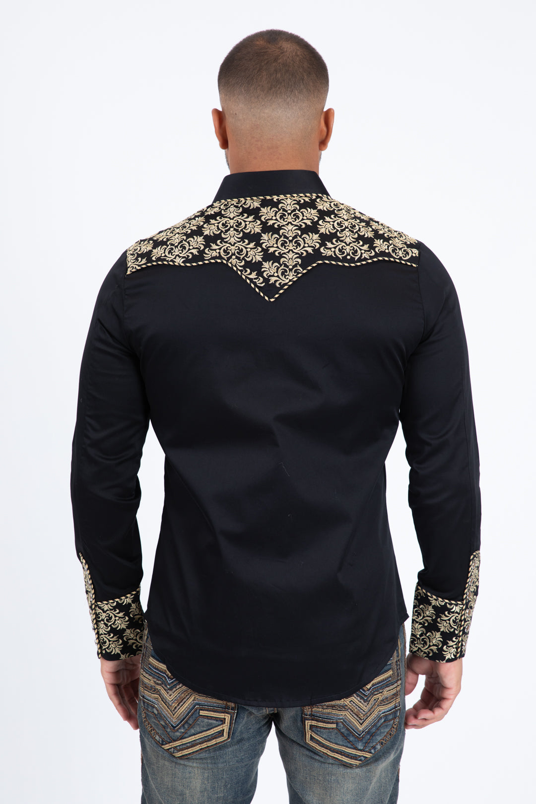 Black Embroidery Modern Fit Stretch Long Sleeve Shirt Men