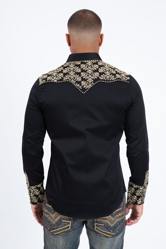 Black Embroidery Modern Fit Stretch Long Sleeve Shirt Men