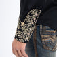 Black Embroidery Modern Fit Stretch Long Sleeve Shirt Men