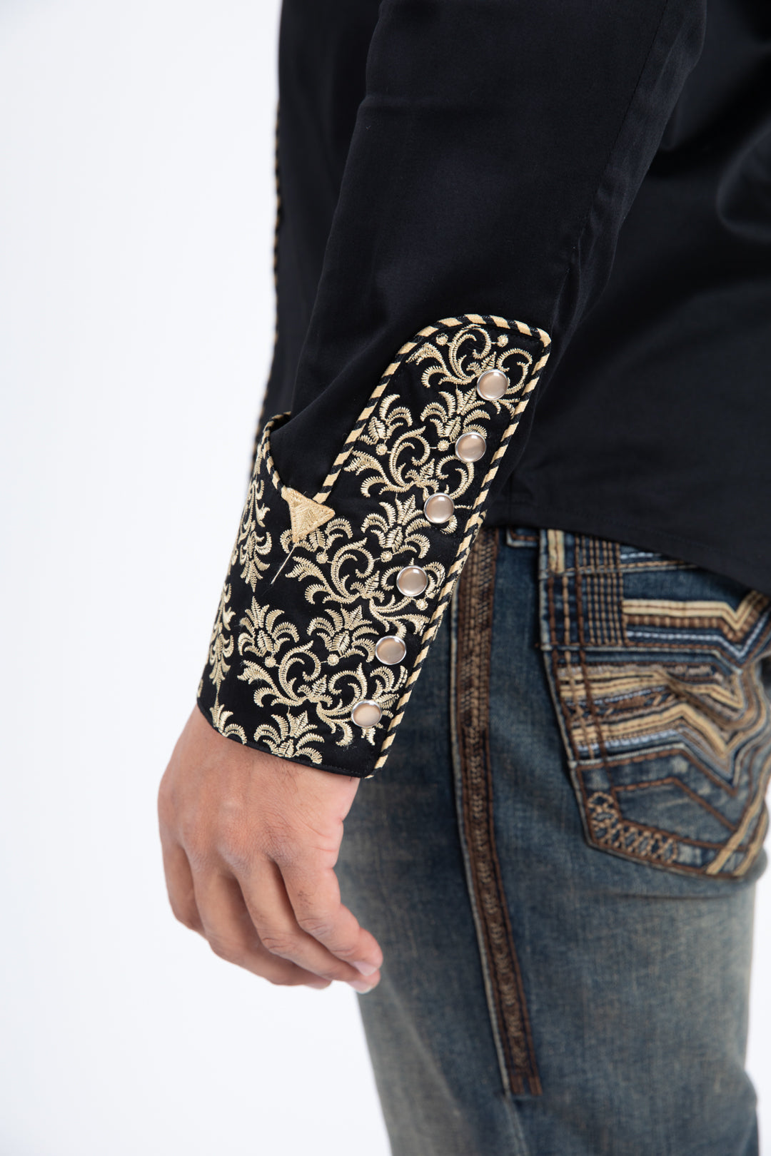 Black Embroidery Modern Fit Stretch Long Sleeve Shirt Men