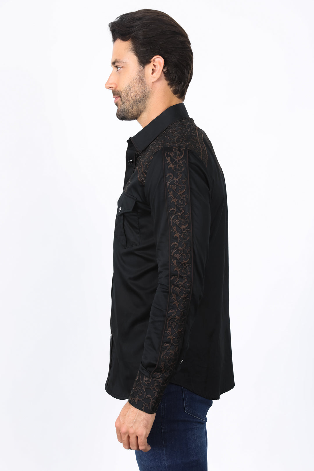 Mens Embroidery Modern Fit Stretch Black/Brown Long Sleeve Shirt