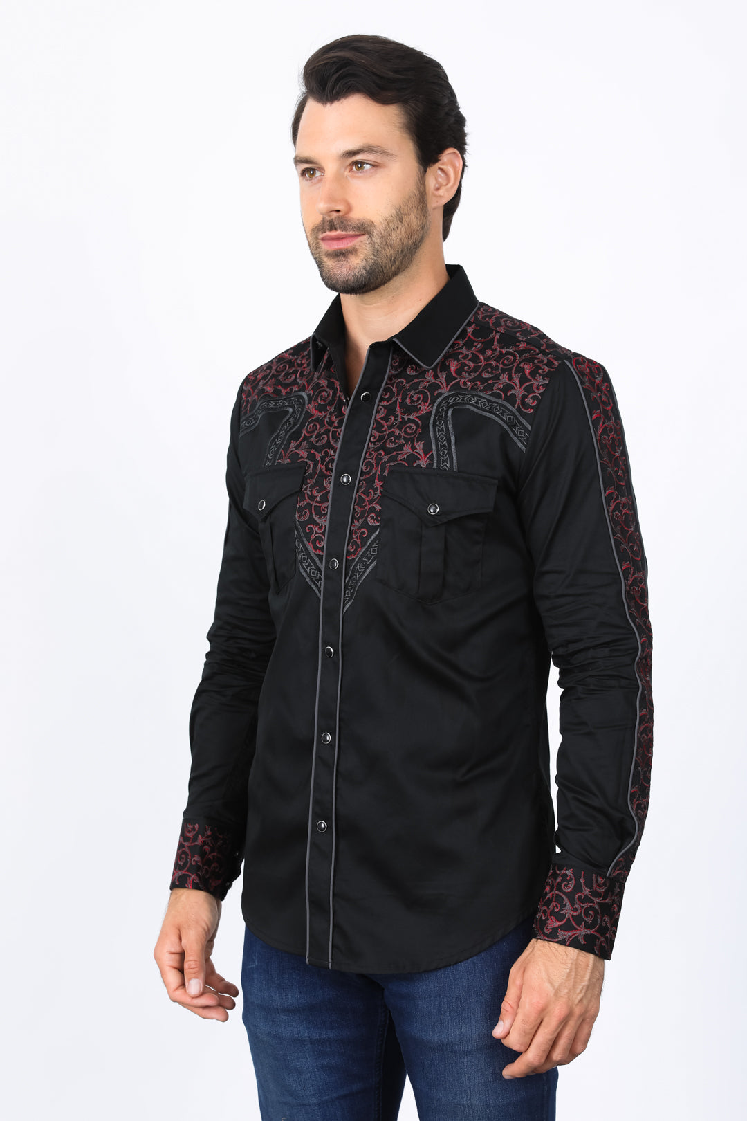 Mens Embroidery Modern Fit Stretch Black/Charcoal Long Sleeve Shirt