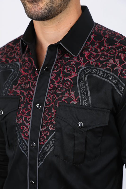 black/charcoal scroll embroidery long sleeve shirt men platini detail