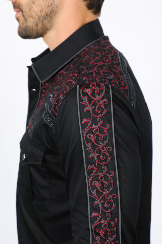 black/charcoal scroll embroidery long sleeve shirt men platini detail-2