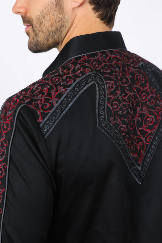 black/charcoal scroll embroidery long sleeve shirt men platini detail-3