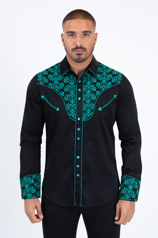 Black Embroidery Modern Fit Stretch Long Sleeve Shirt Men