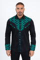 Mens Embroidery Modern Fit Stretch Black/Green Long Sleeve Shirt