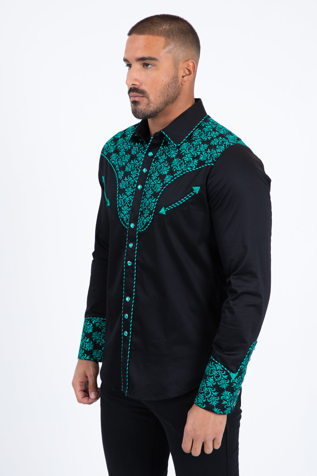 Black Embroidery Modern Fit Stretch Long Sleeve Shirt Men