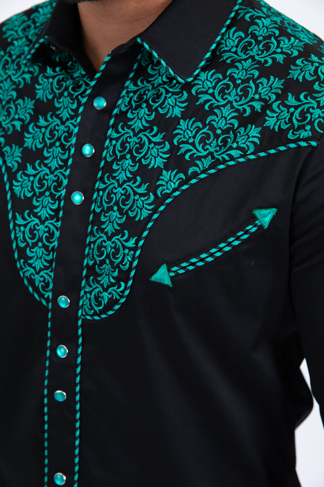 Black Embroidery Modern Fit Stretch Long Sleeve Shirt Men