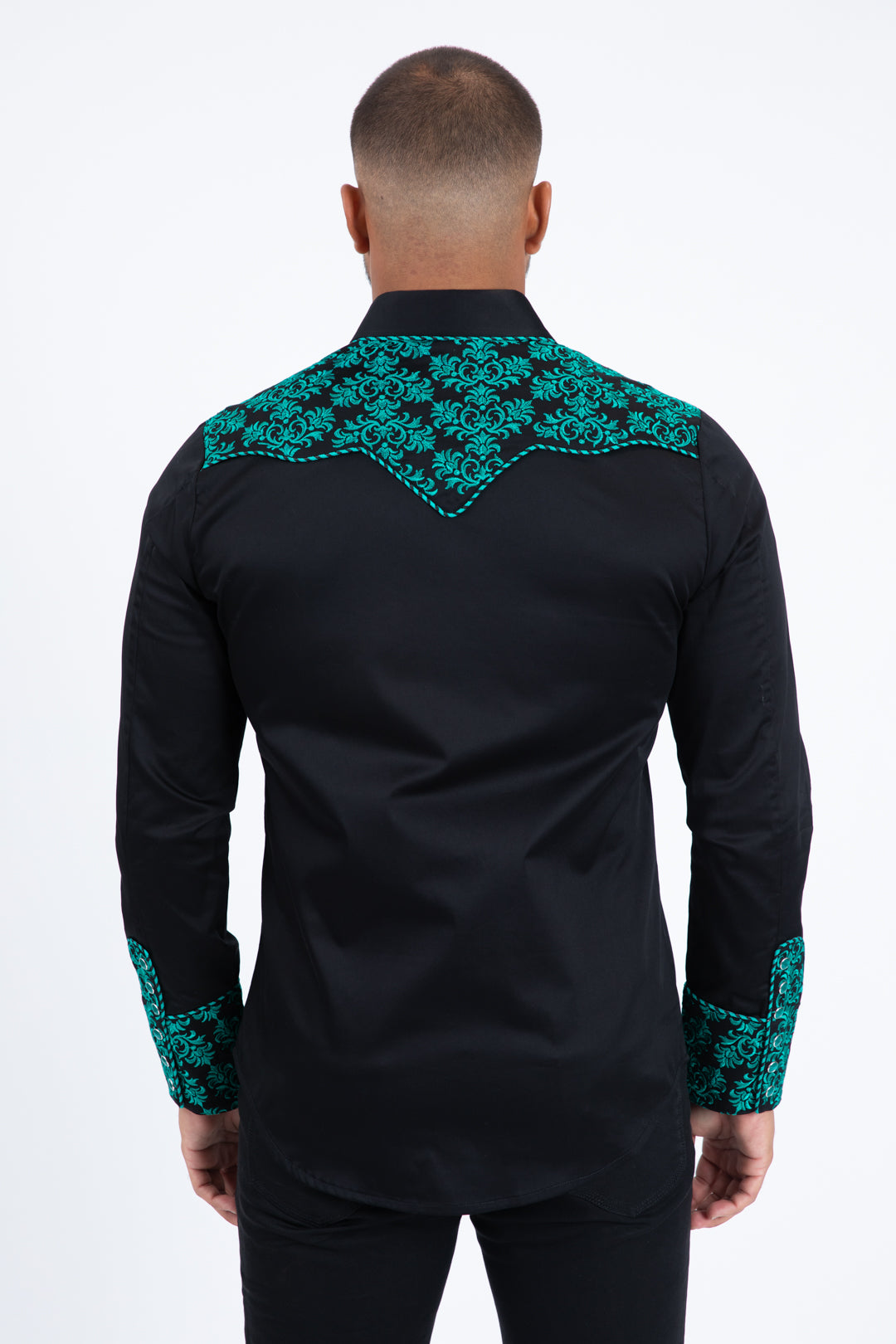 Black Embroidery Modern Fit Stretch Long Sleeve Shirt Men