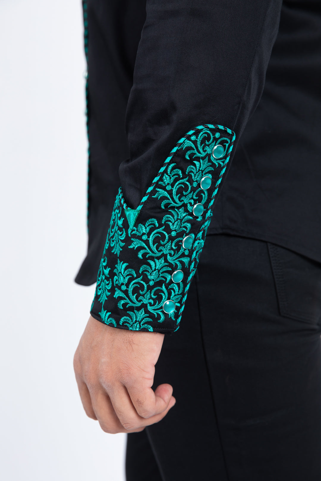 Black Embroidery Modern Fit Stretch Long Sleeve Shirt Men
