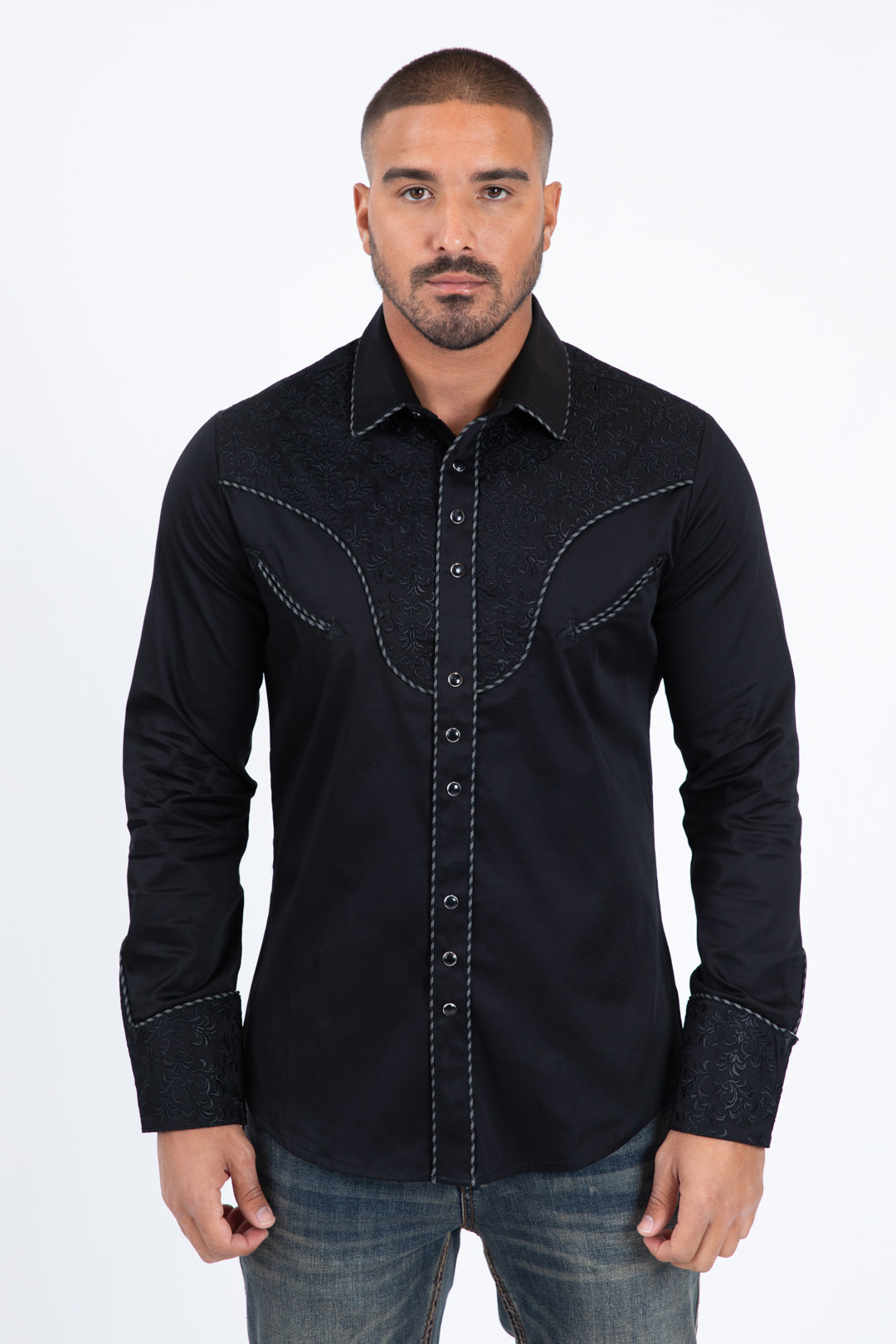 Black Embroidery Modern Fit Stretch Long Sleeve Shirt Men