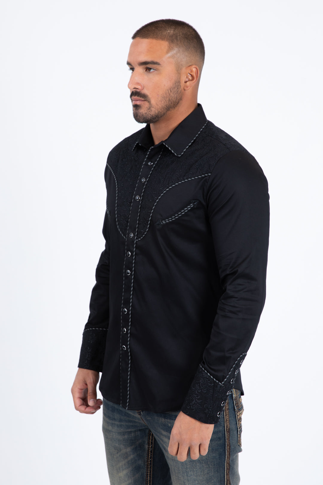 Black Embroidery Modern Fit Stretch Long Sleeve Shirt Men