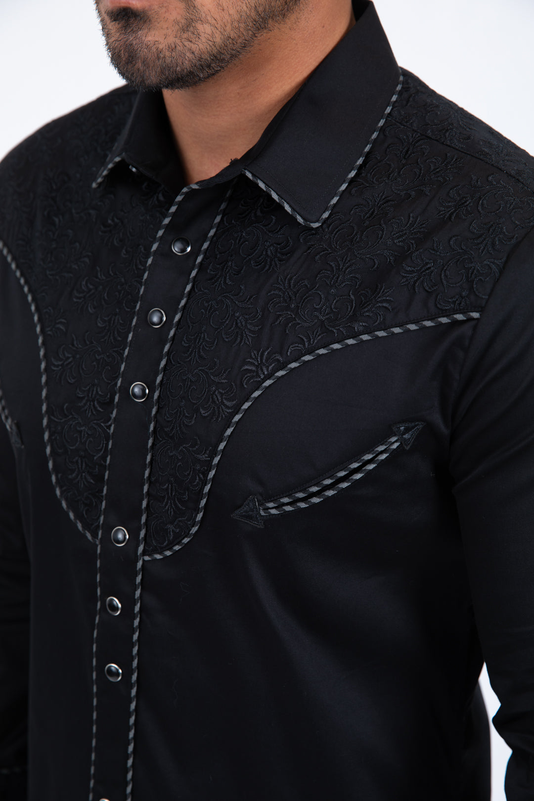Black Embroidery Modern Fit Stretch Long Sleeve Shirt Men