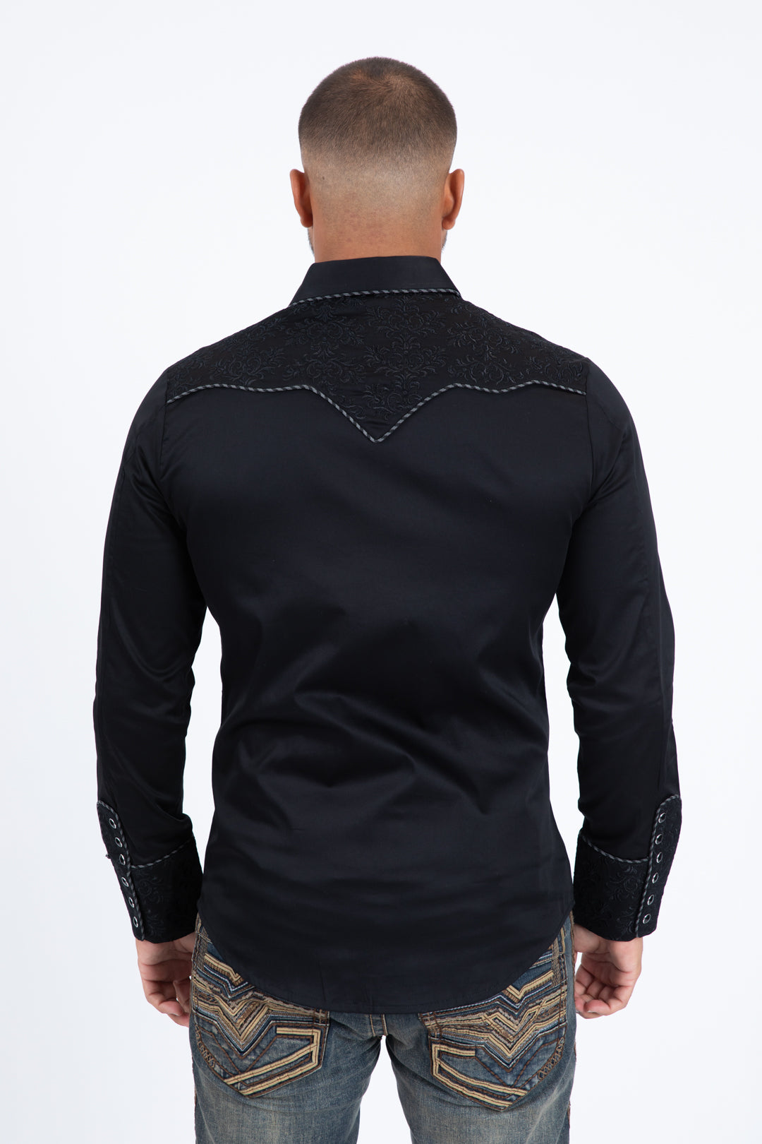 Black Embroidery Modern Fit Stretch Long Sleeve Shirt Men