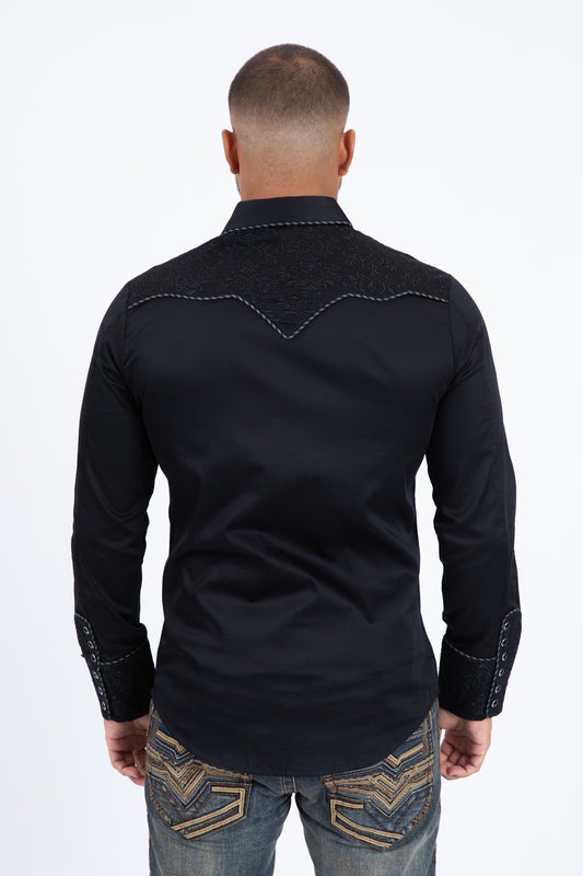 Black Embroidery Modern Fit Stretch Long Sleeve Shirt Men