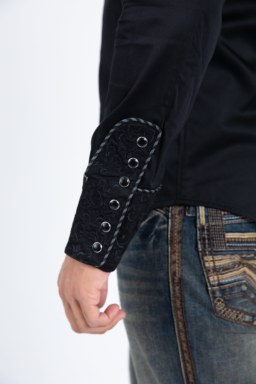 Black Embroidery Modern Fit Stretch Long Sleeve Shirt Men