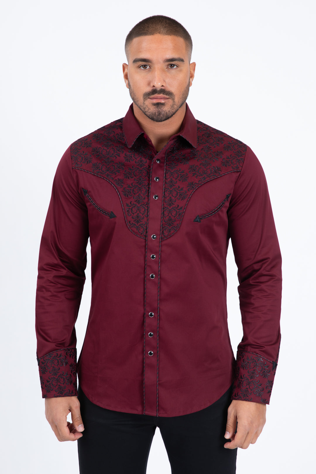 Burgundy Embroidery Modern Fit Stretch Long Sleeve Shirt Men