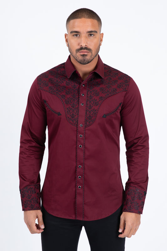 Burgundy Embroidery Modern Fit Stretch Long Sleeve Shirt Men
