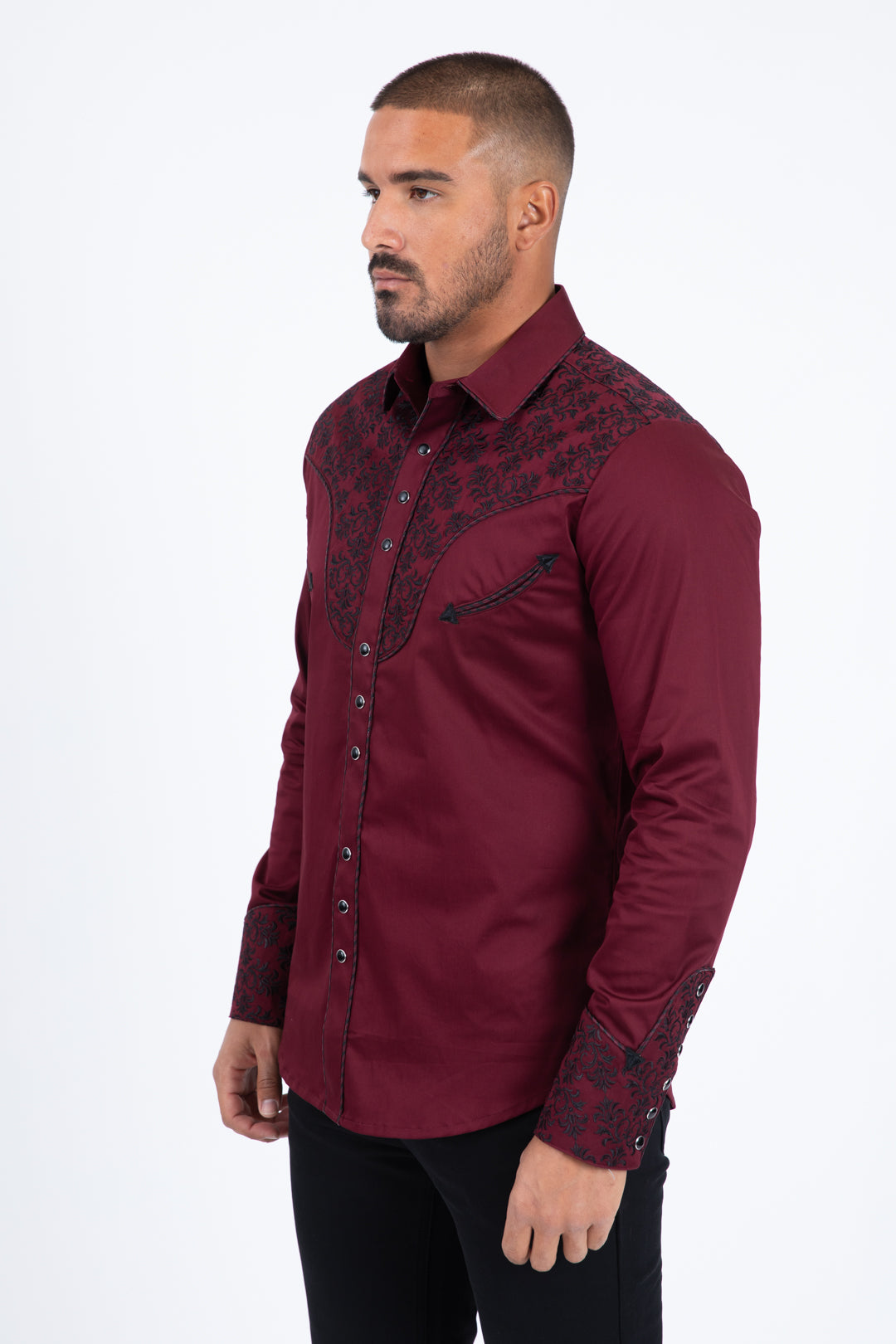 Burgundy Embroidery Modern Fit Stretch Long Sleeve Shirt Men