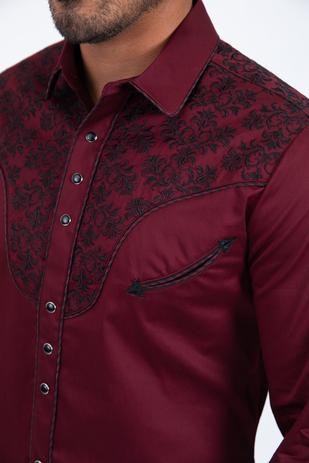 Burgundy Embroidery Modern Fit Stretch Long Sleeve Shirt Men
