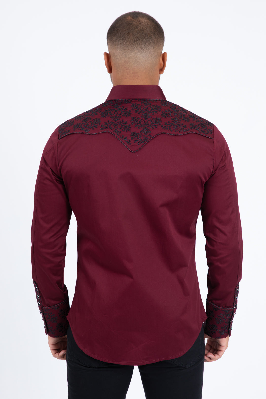 Burgundy Embroidery Modern Fit Stretch Long Sleeve Shirt Men
