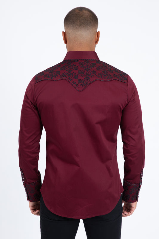 Burgundy Embroidery Modern Fit Stretch Long Sleeve Shirt Men