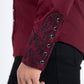 Burgundy Embroidery Modern Fit Stretch Long Sleeve Shirt Men