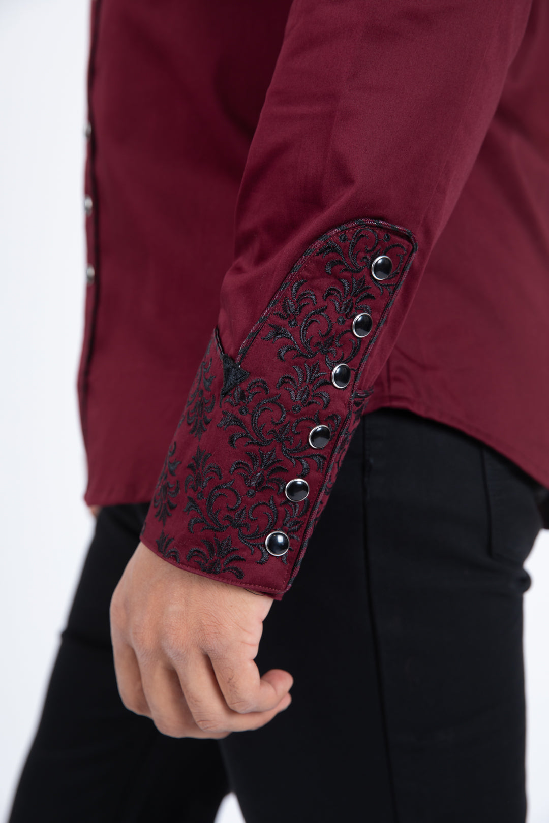 Burgundy Embroidery Modern Fit Stretch Long Sleeve Shirt Men