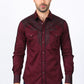 Mens Embroidery Modern Fit Stretch Burgundy Long Sleeve Shirt
