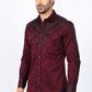 Mens Embroidery Modern Fit Stretch Burgundy Long Sleeve Shirt