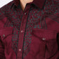 Mens Embroidery Modern Fit Stretch Burgundy Long Sleeve Shirt