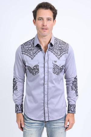 grey tapestry embroidery long sleeve shirt men platini front
