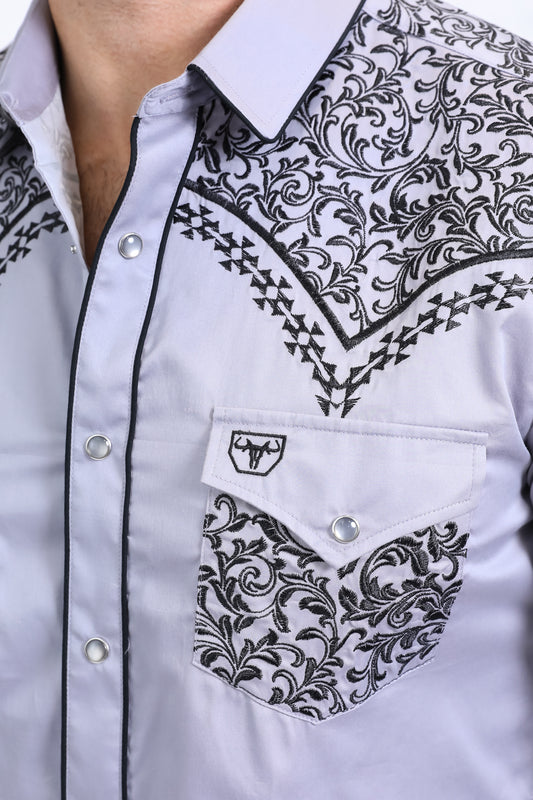 grey tapestry embroidery long sleeve shirt men platini detail