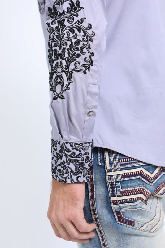 grey tapestry embroidery long sleeve shirt men platini detail-2