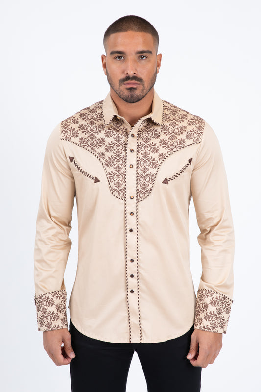 Khaki Embroidery Modern Fit Stretch Long Sleeve Shirt Men